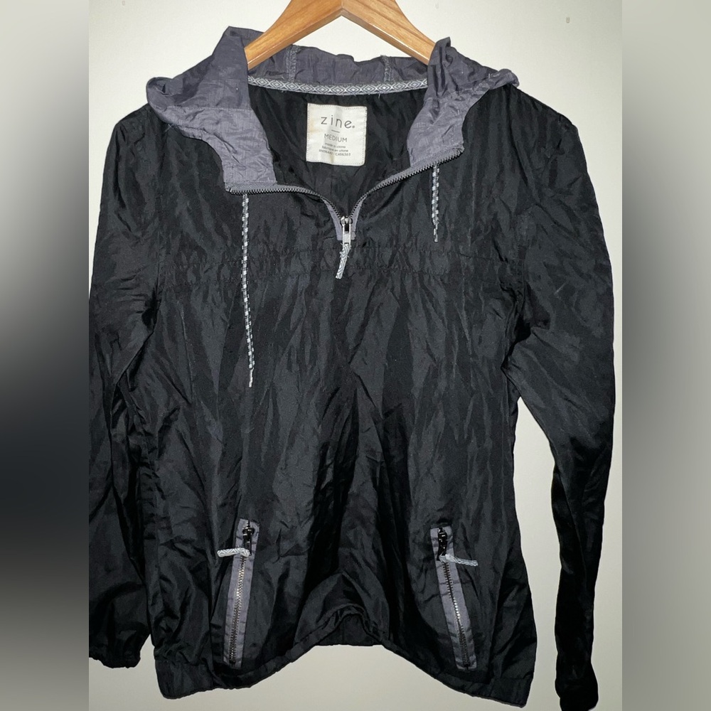 Zine Clothing Black Hooded Bomber Jacket with Gray Trim